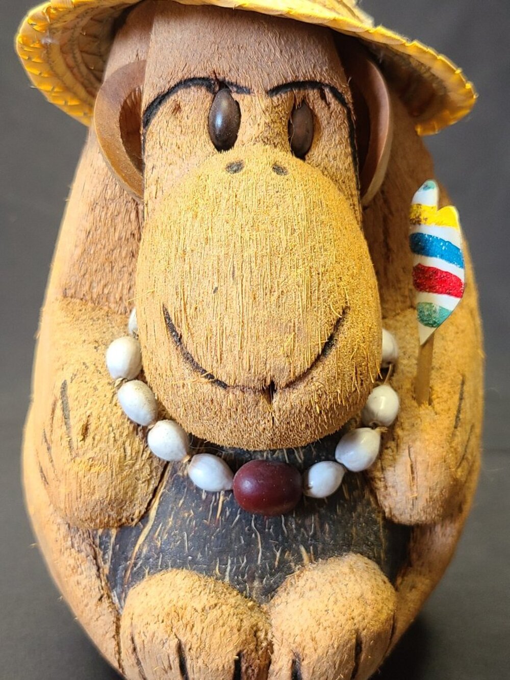 Vintage Cuban Hand Carved Coconut Monkey Figurine - Straw Hat, Beads & Cuban Fla